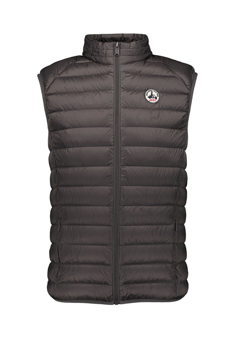 Chaleco acolchado sin mangas en gris oscuro con cuello alto, cremallera frontal, bolsillos laterales con cremallera y parche de logo circular en el pecho.