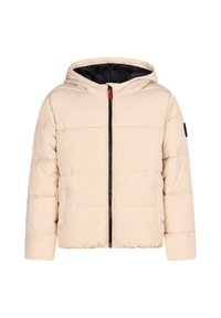 Giacca a vento beige chiaro con cappuccio, chiusura frontale con zip, fodera nera e un logo rotondo sulla manica sinistra. Dettaglio di cuciture orizzontali.