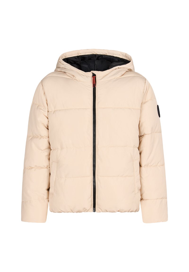 Giacca a vento beige chiaro con cappuccio, chiusura frontale con zip, fodera nera e un logo rotondo sulla manica sinistra. Dettaglio di cuciture orizzontali.