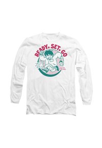 Weißes Langarm-T-Shirt mit einem türkis-rotfarbenen Grafikdesign eines laufenden Charakters und dem Text "BEREIT, LOS, GLEICH" in fetter Schrift.