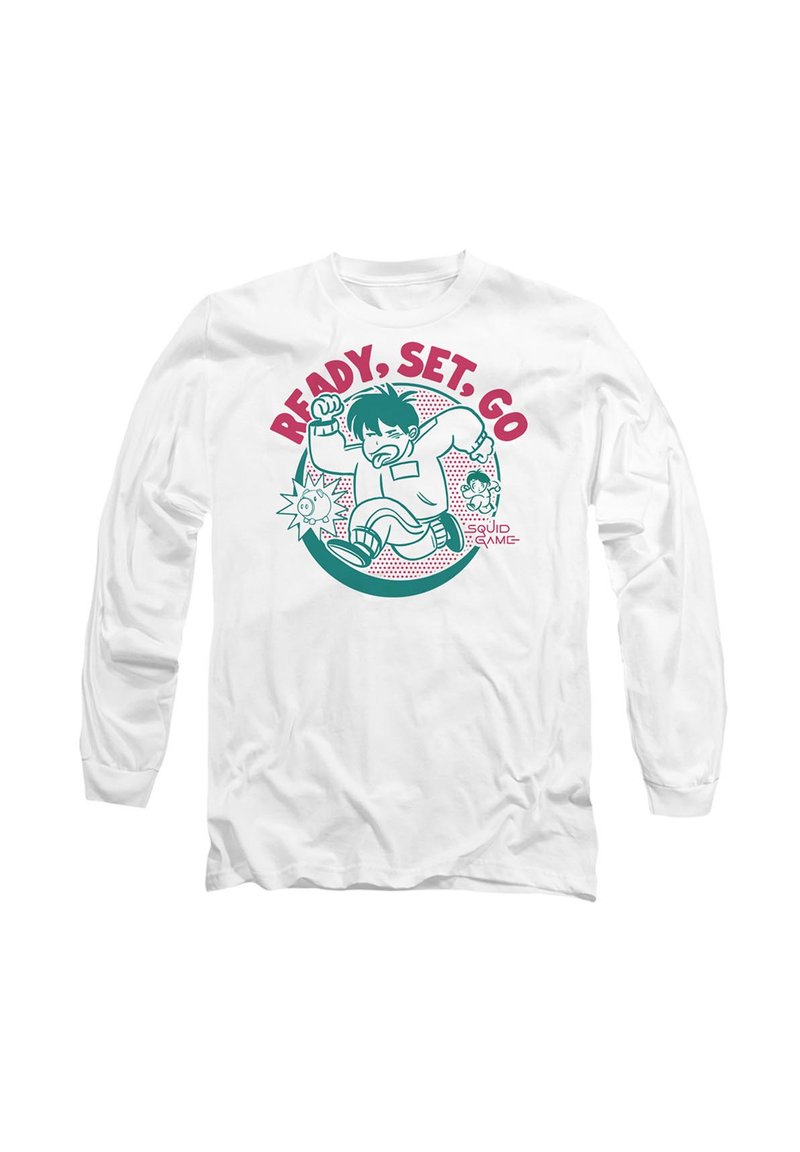 Weißes Langarm-T-Shirt mit einem türkis-rotfarbenen Grafikdesign eines laufenden Charakters und dem Text "BEREIT, LOS, GLEICH" in fetter Schrift.