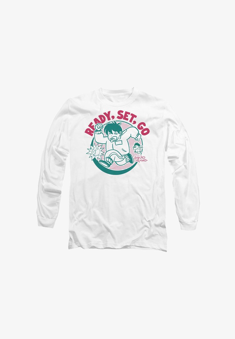 Weißes Langarm-T-Shirt mit einem türkis-rotfarbenen Grafikdesign eines laufenden Charakters und dem Text "BEREIT, LOS, GLEICH" in fetter Schrift.