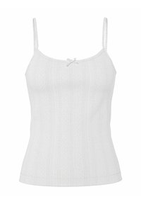 Camiseta blanca sin mangas con tirantes delgados ajustables, un escote redondeado y un pequeño lazo en el centro. Patrón de rayas verticales texturizadas.