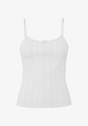 Camisole blanche avec de fines bretelles réglables, un décolleté arrondi et un petit nœud au centre. Motif de rayures verticales texturées.