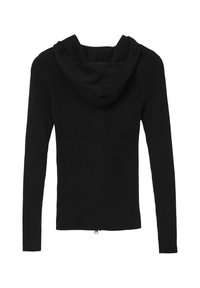 Schwarze, gerippte Kapuzenjacke mit langen Ärmeln, die über ein tailliertes Design und eine Kordel im Kapuzenbereich verfügt. Strukturierter Stoff mit glatter Oberfläche.