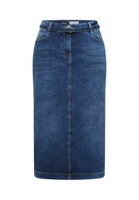 Jupe crayon en jean bleu foncé avec couture avant, passants de ceinture, poches latérales et ceinture assortie avec boucle argentée.