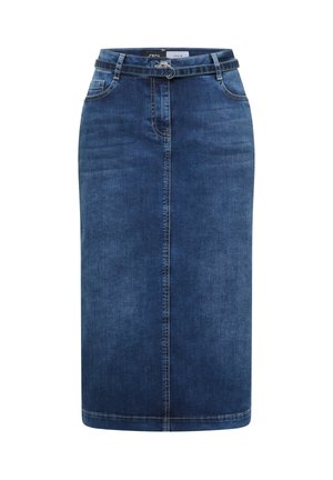 Tmavě modrá džínová tužková sukně s předním švem, poutky na opasek, bočními kapsami a odpovídajícím opaskem se stříbrnou přezkou.