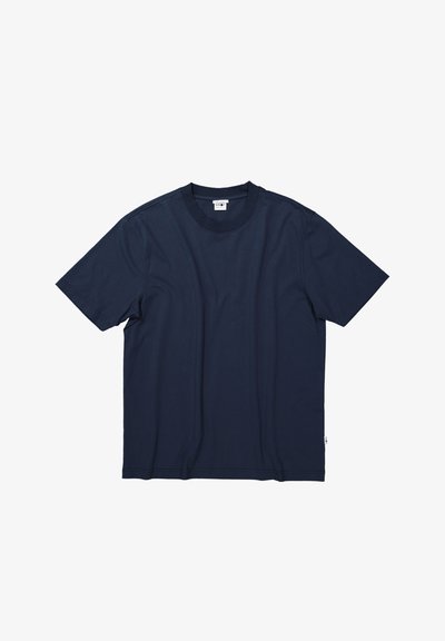 Navy blue cotton t-shirt with a crew neck, short sleeves, and a plain design. Includes a small brand label at the hem.