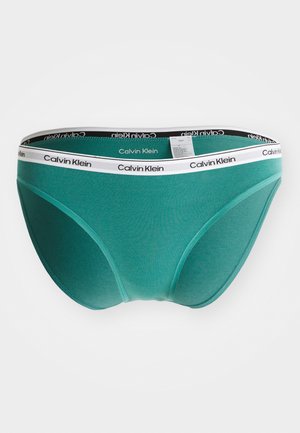 Žalsvai mėlynos medvilninės trumpikės su balta ir juoda elastine juosta, ant kurios yra „Calvin Klein“ logotipas. Lygus faktūra, klasikinis kirpimas, be papildomų raštų.
