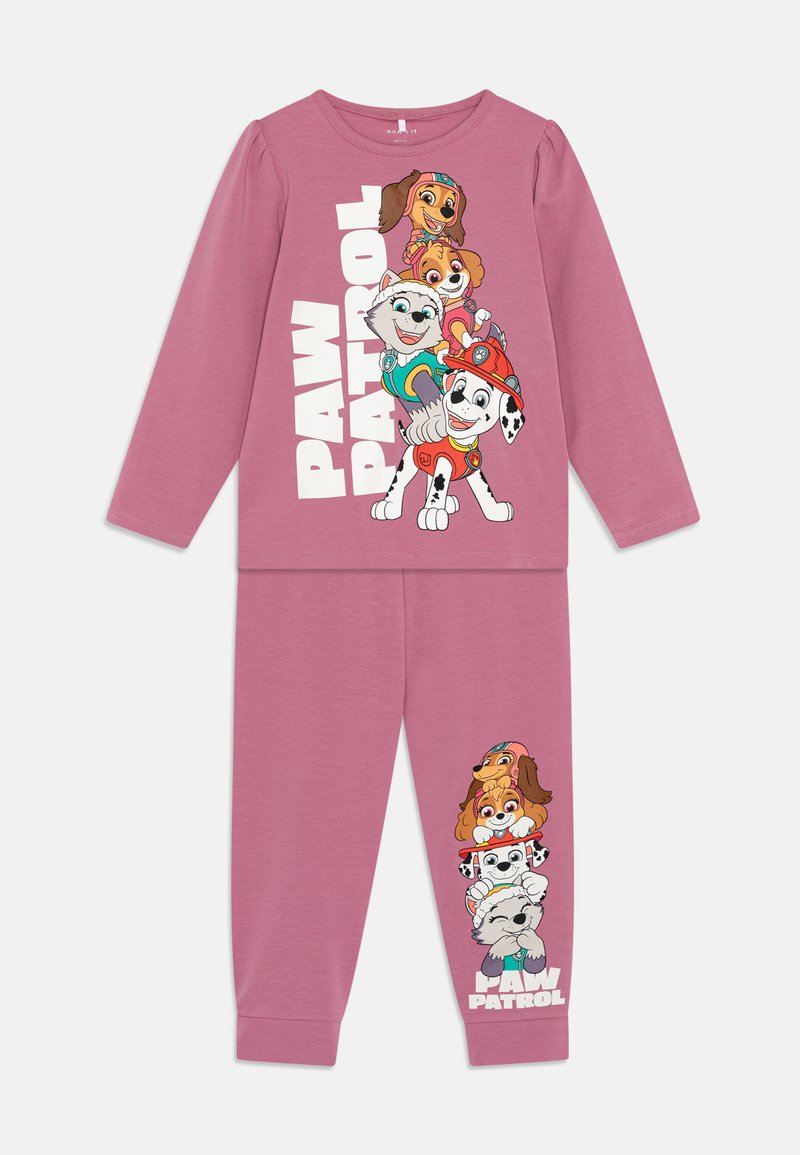 Ensemble de pyjama rose à manches longues avec des personnages animés de Paw Patrol sur le haut et les jambes, fabriqué en tissu en mélange de coton doux.