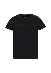 T-shirt nera in cotone a maniche corte. Presenta un collo a giro e la scritta in rilievo "JOHN RICHMOND" sul davanti in una tonalità più scura.