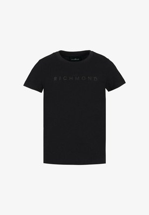 Czarna bawełniana koszulka z krótkim rękawem. Posiada okrągły dekolt oraz wytłoczone na przodzie tekst "JOHN RICHMOND" w ciemniejszym odcieniu.