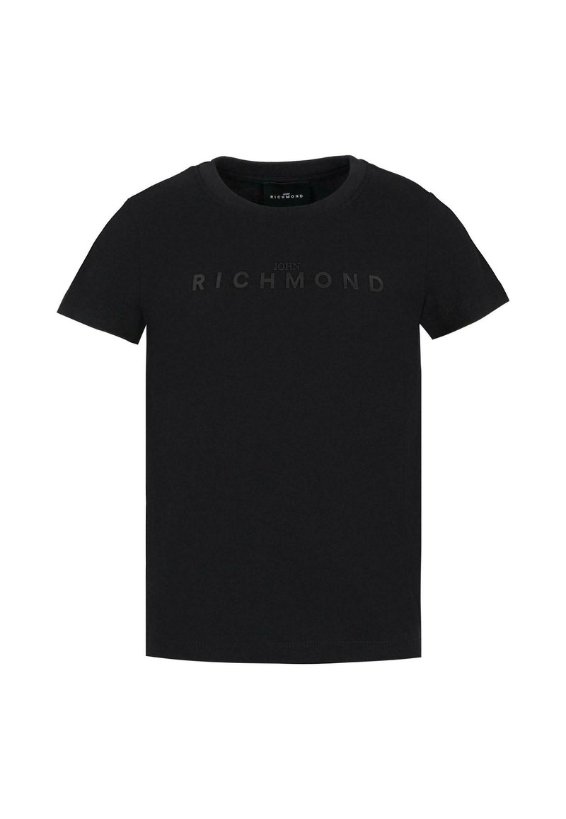 T-shirt nera in cotone a maniche corte. Presenta un collo a giro e la scritta in rilievo "JOHN RICHMOND" sul davanti in una tonalità più scura.