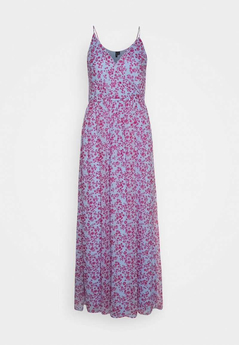 Robe maxi en tissu léger avec un fond bleu et un motif floral rose, fines bretelles réglables et une silhouette fluide.