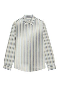 Camicia a maniche lunghe a righe in beige chiaro, blu e navy. Presenta un colletto, chiusura frontale con bottoni e orlo arrotondato. Tessuto in cotone.