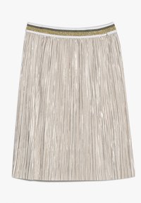 Srebrna plisowana spódnica o błyszczącej fakturze, z brokatowym złoto-szarym pasem w talii. Regulowany elastyczny pasek dla lepszego dopasowania.