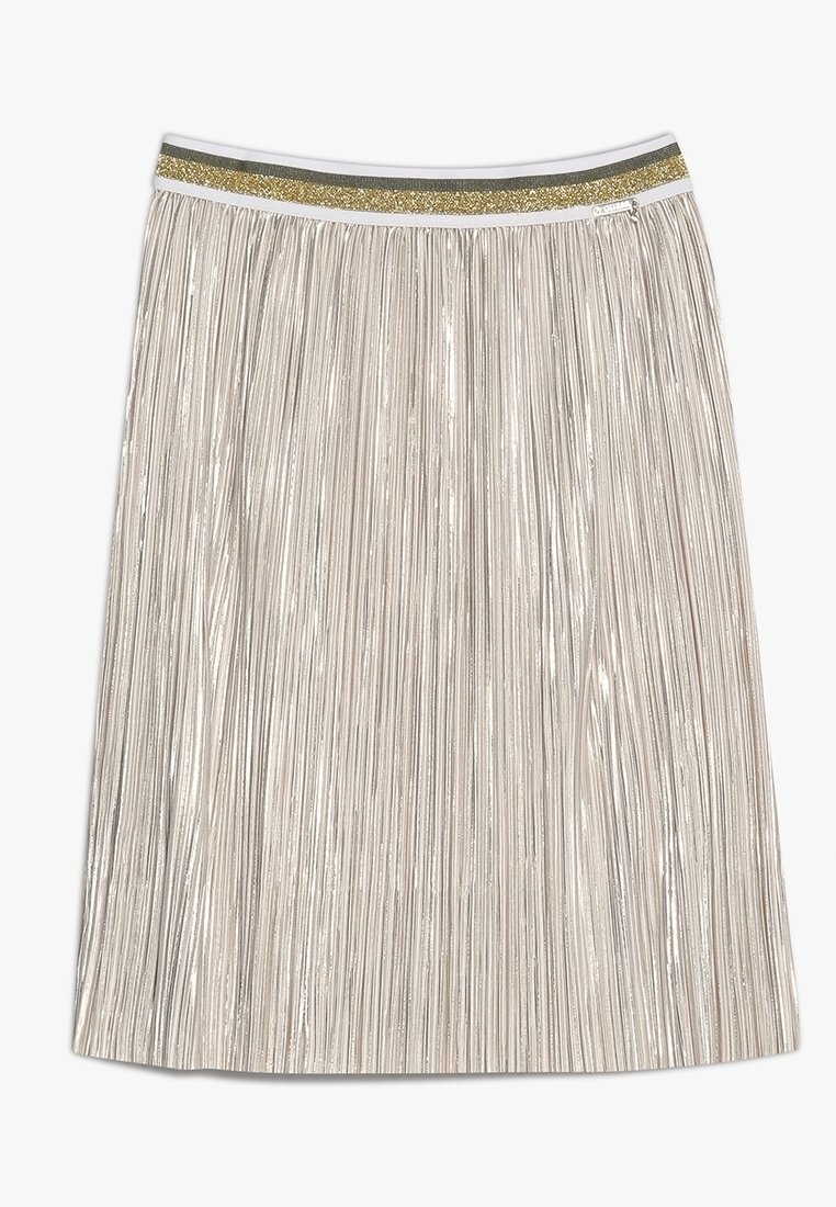 Srebrna plisowana spódnica o błyszczącej fakturze, z brokatowym złoto-szarym pasem w talii. Regulowany elastyczny pasek dla lepszego dopasowania.