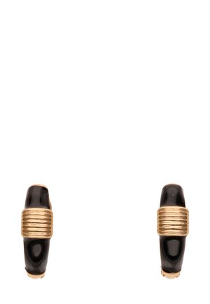 Gold-accented hoop earrings with a glossy black finish. Features a ribbed gold band at the center for added texture.