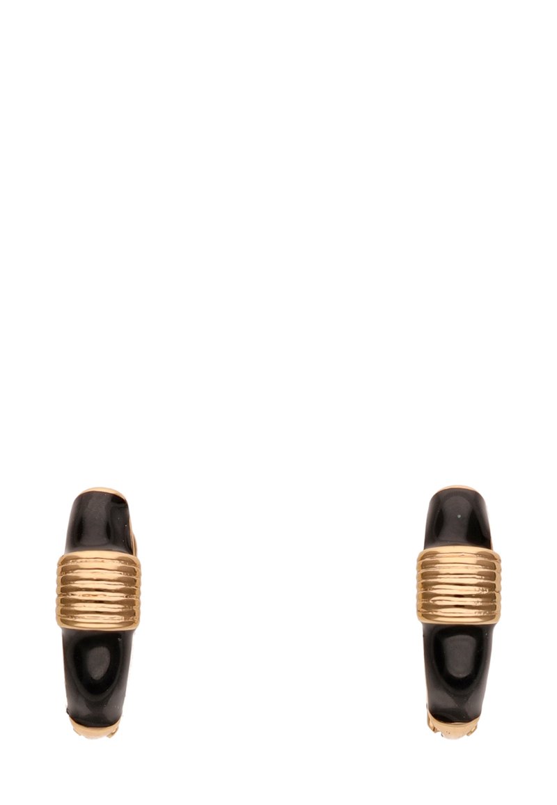 Gold-accentuierte Creolen mit glänzendem schwarzen Finish. Sie verfügen über ein geripptes Goldband in der Mitte, das zusätzliche Textur verleiht.