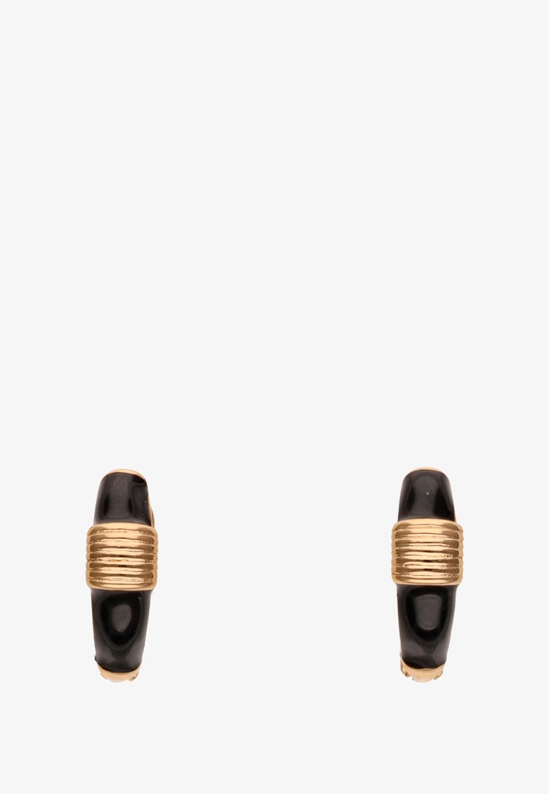 Gold-accentuierte Creolen mit glänzendem schwarzen Finish. Sie verfügen über ein geripptes Goldband in der Mitte, das zusätzliche Textur verleiht.