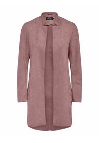 Lange, roséfarbene Jacke aus weichem, wildlederähnlichem Material. Verfügt über eine offene Vorderseite, keine Knöpfe und lange Ärmel. Minimalistisches Design ohne sichtbare Beschläge.