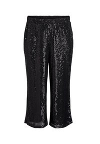 Pantalones negros cortos con detalle de lentejuelas. La tela tiene una textura brillante y la cinturilla es elástica para mayor comodidad.