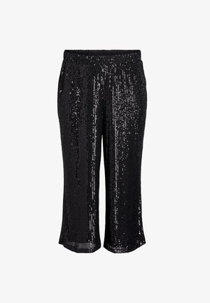 Sorte cropped bukser med paljetter. Stoffet har en shiny tekstur, og taljen er elastisk for komfort.