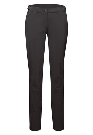Pantaloni neri a gamba dritta realizzati in un materiale liscio e resistente. Presentano una vita standard, tasche frontali e un logo discreto sul lato.