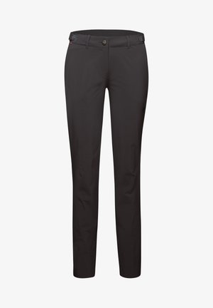 Pantaloni neri a gamba dritta realizzati in un materiale liscio e resistente. Presentano una vita standard, tasche frontali e un logo discreto sul lato.
