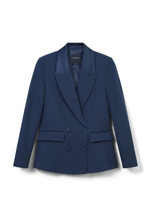 Marineblaues, doppelreihiges Blazer mit Satinrevers, zwei vorderen Taschen, strukturiertem Design und texturiertem Stoff. Das Etikett trägt die Aufschrift "CALLIOPE" und die Größe "S."