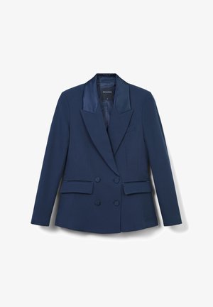 Marineblaues, doppelreihiges Blazer mit Satinrevers, zwei vorderen Taschen, strukturiertem Design und texturiertem Stoff. Das Etikett trägt die Aufschrift "CALLIOPE" und die Größe "S."