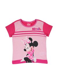 T-shirt rose à manches courtes avec un graphisme de Minnie Mouse, un motif à pois, et le mot « Minnie » en lettres grasses. Matière en coton.