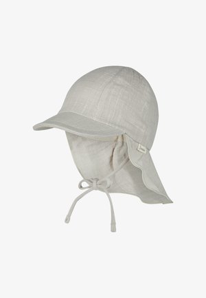 Light beige sun hat made of linen with a curved brim, adjustable chin tie, and extended fabric covering the neck for sun protection.