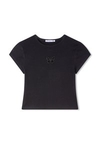 T-shirt nera a coste con maniche corte, collo rotondo e un piccolo ricamo a forma di farfalla al centro. Texture liscia e design aderente.