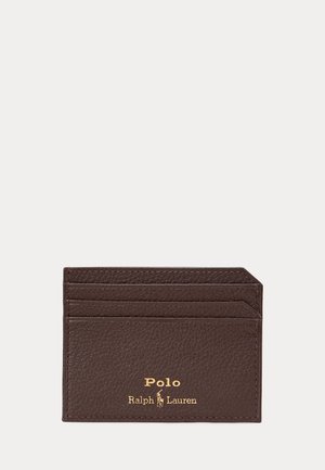 Brown leather cardholder with textured finish, three card slots, and gold "Polo Ralph Lauren" logo embossed on front.