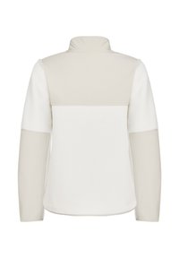 Tył białej kurtki z polaru z beżowymi panelami z materiału na ramionach i przedramionach oraz wysokim kołnierzem.