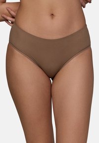 Mutande alta marrone con una superficie liscia, design senza cuciture e un bordo leggermente a contrasto, creando un aspetto minimalista.