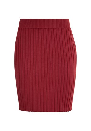 Roter, gerippter Strickrock mit figurschmeichelnder Silhouette, ausgestattet mit einem breiten, elastischen Bund und vertikalem Strukturmuster. Schlichtes und nahtloses Design.