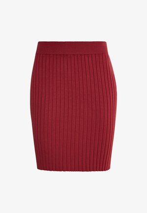Rode geribbelde gebreide rok met een fitted silhouet, voorzien van een brede elastische tailleband en verticale textuur. Eenvoudig en naadloos ontwerp.