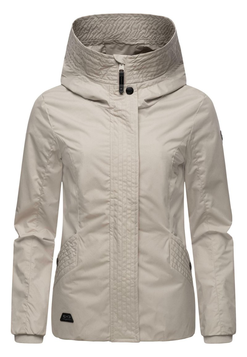 Beige rain jacket with a high collar, hood, quilted side panels, and ribbed cuffs. Features a front zipper and two side pockets.