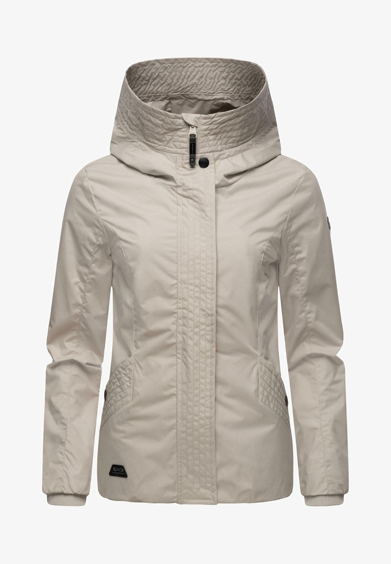 Beige rain jacket with a high collar, hood, quilted side panels, and ribbed cuffs. Features a front zipper and two side pockets.