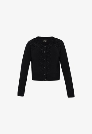 Cardigan cropped nero a maniche lunghe con scollo rotondo, chiusura con bottoni e piccole decorazioni di perline su spalle e polsini.