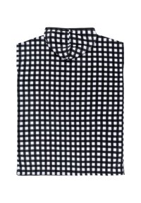Black and white checkered sleeveless hoodie with a small hood. Soft fabric, straight cut, and prominent grid pattern throughout.