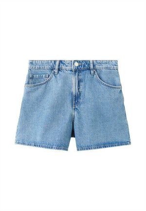 Blaue Jeansshorts mit hoher Taille, Einzelknopfverschluss, Fronttaschen und rohem Saum, ausgestattet mit einem hellen Waschton und strukturiertem Stoff.