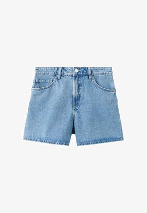 Modré denimové šortky s vysokým pásom, uzatváraním na jeden gombík, prednými vreckami a neupraveným lemom, v svetlom prevedení a s textúrovanou látkou.