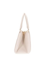 Borsa a mano beige chiaro con una superficie morbida e testurizzata, una forma strutturata e due manici ad anello. Caratterizzata da una chiusura con zip dorata.