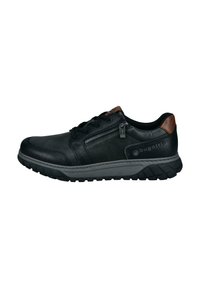 Schwarze Leder-Sneaker mit strukturierter Oberfläche, ausgestattet mit einem braunen Akzent an der Ferse, Schnürdesign und seitlichem Reißverschluss. Gummisohle.