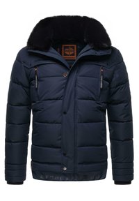 Chaqueta acolchada azul marino con un cuello forrado de piel sintética, múltiples bolsillos con cremallera y cierres de botón. Presenta un relleno acolchado y puños acanalados.