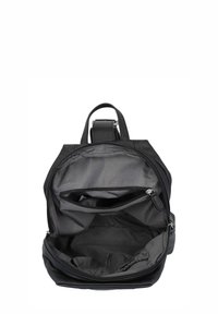 Black backpack with multiple compartments, textured outer fabric, zippers, and a spacious gray interior featuring organizational pockets.
