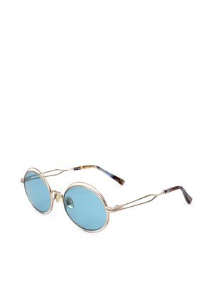 Occhiali da sole rotondi con sottili montature in metallo dorato e lenti tinte di blu, con terminali delle aste a motivo tartarugato.